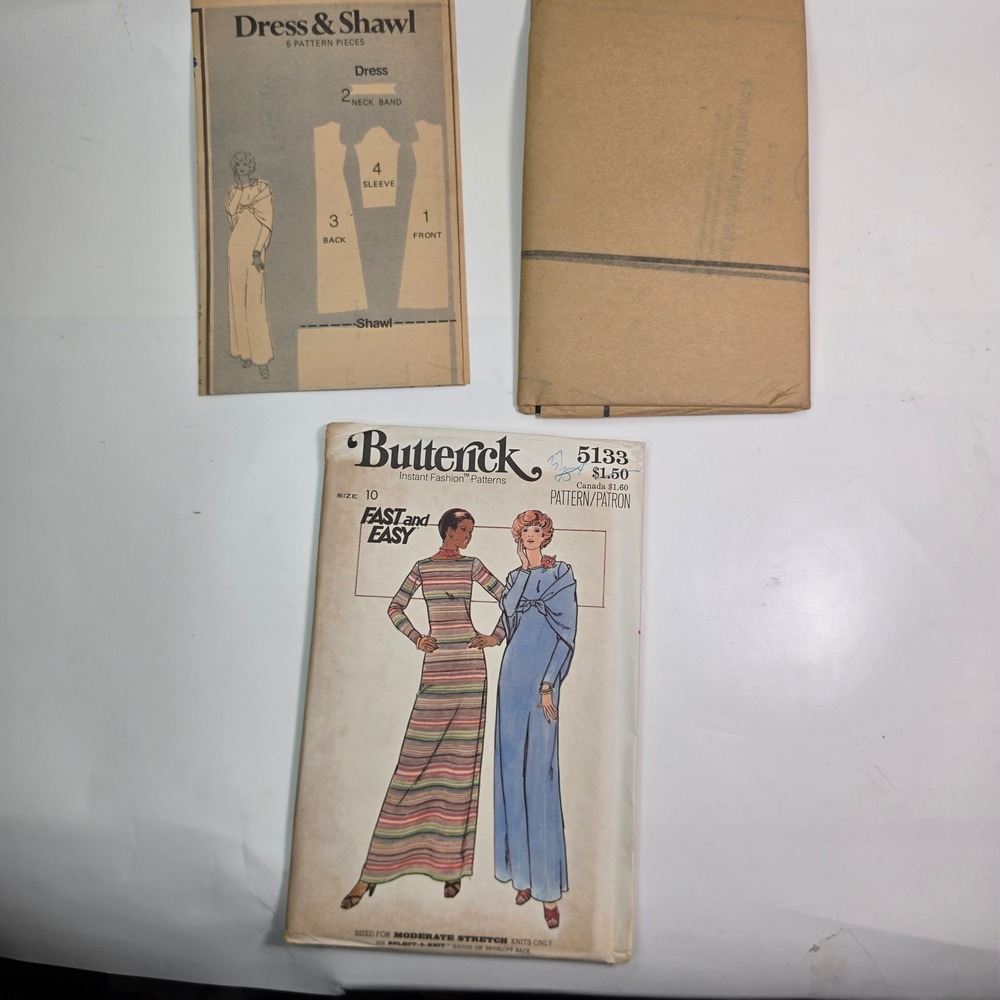 Vintage 1970s Butterick 5133 Misses Dress Shawl Sewing Pattern Size 10 Maxi